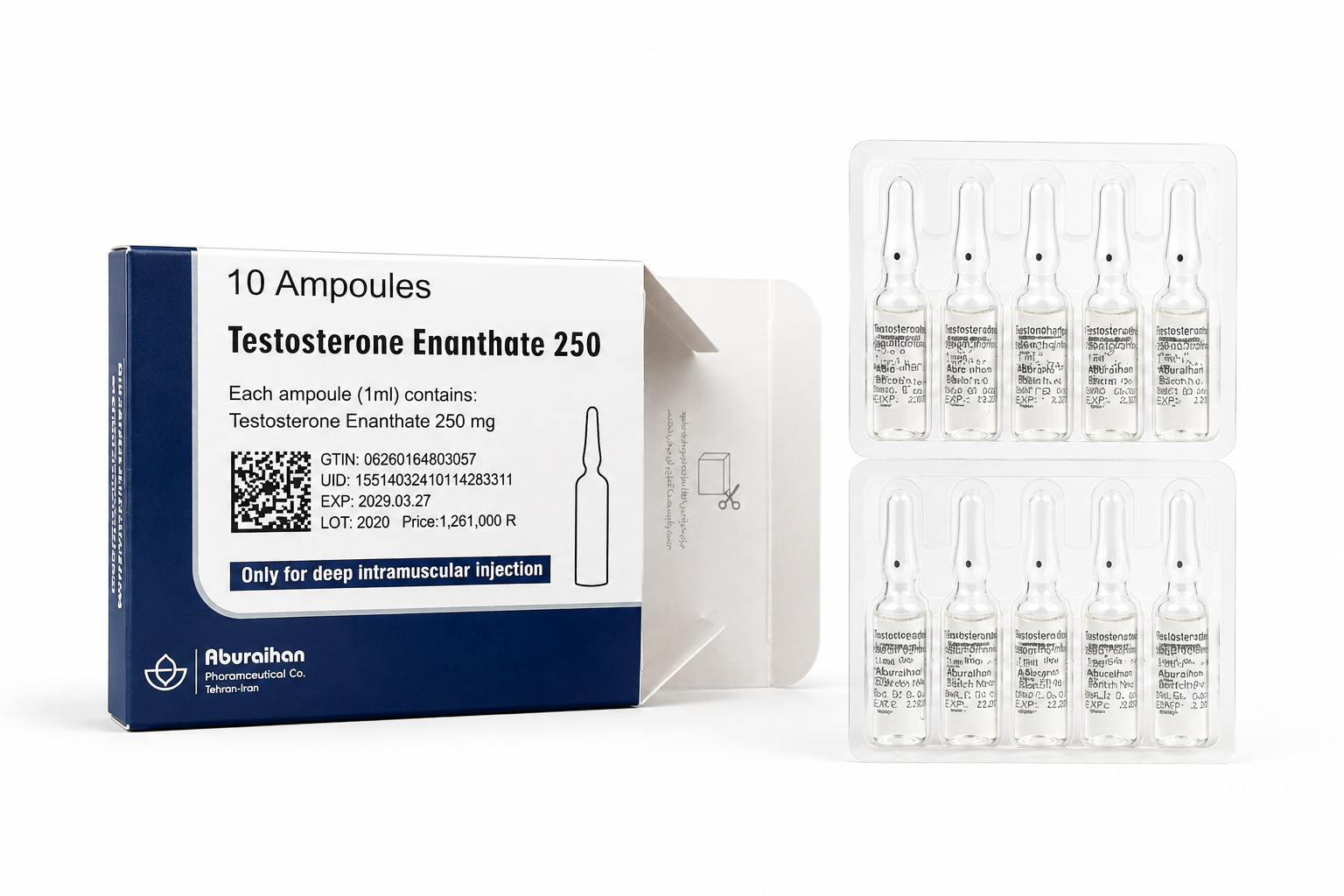 Genuine testosterone enanthate 250mg box and 10 glass ampoules for deep intramuscular injection.